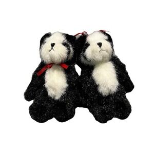 Boyds Bears Plush Pandas Pair Shaggy Black White Red Ribbon‎ Vintage Set 2